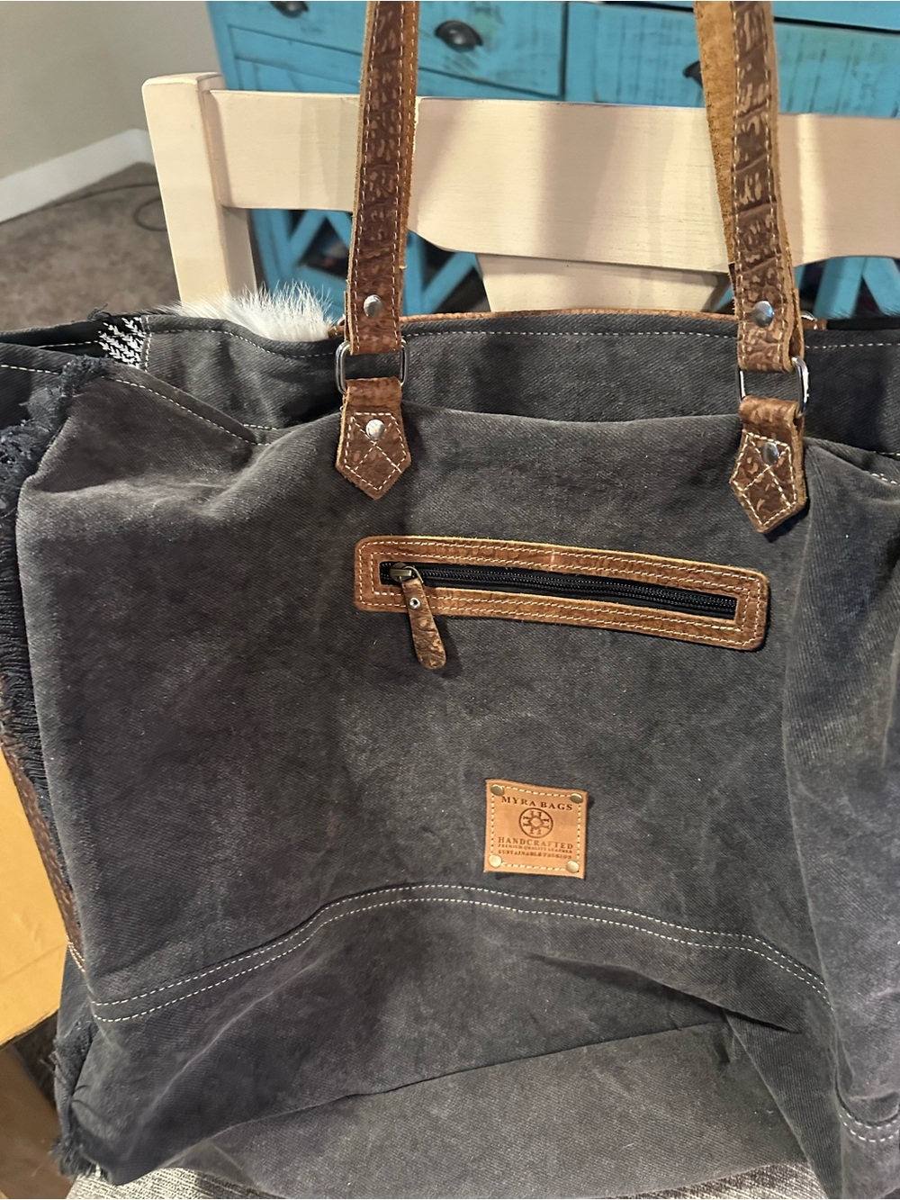 Myra Bag Brown and White Cowhide Leather Tote - Picture 4 of 4